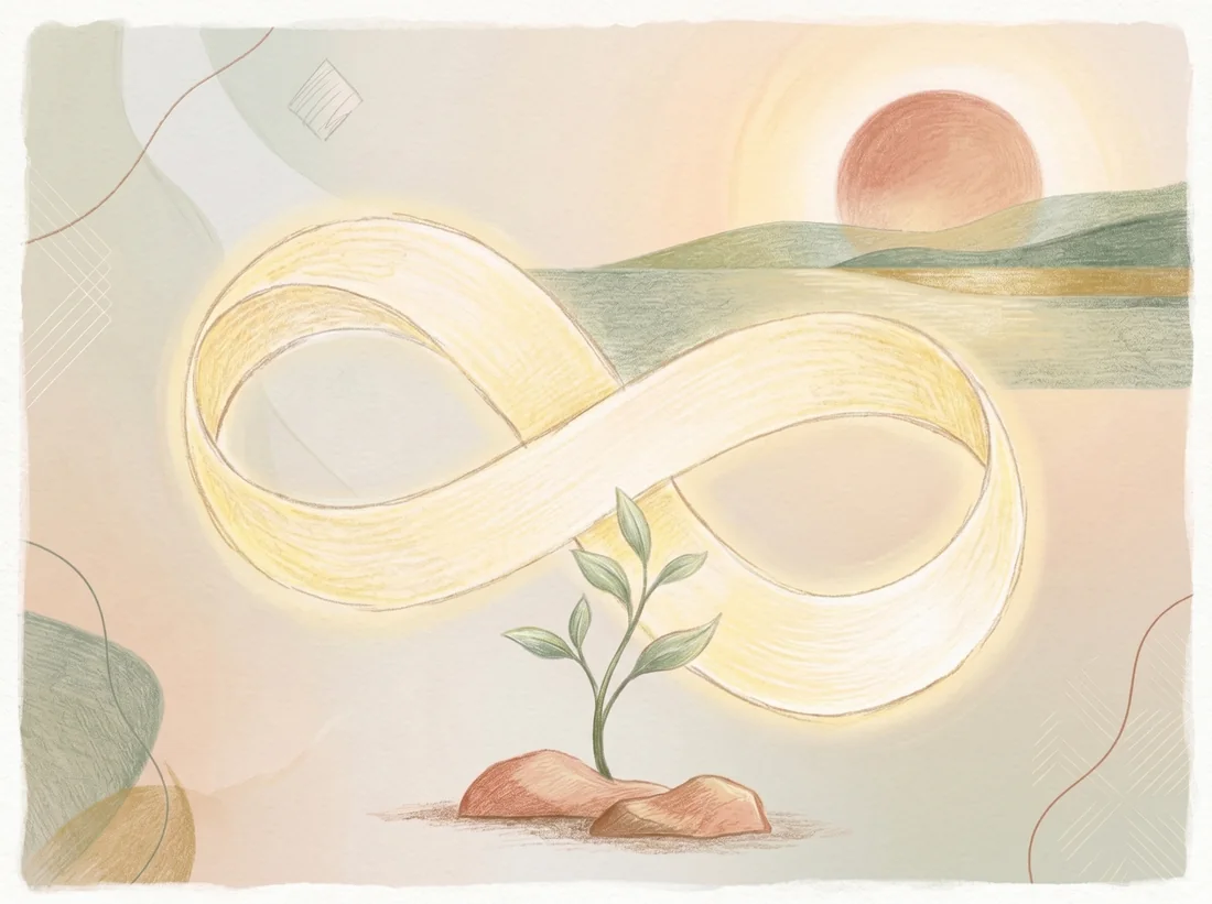 手のひらの芽と、未来へつながる光の輪のイラスト